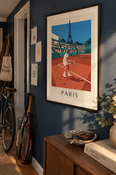 Affiche joueur de tennis sur terre battue à Paris : encadrée au mur