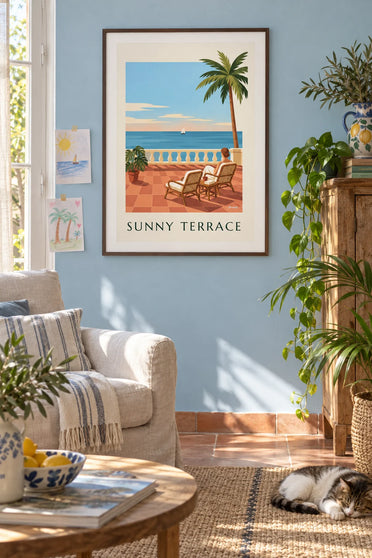 Poster mit tropischer Terrasse, Rattansesseln und Meerblick: gerahmt an der Wand