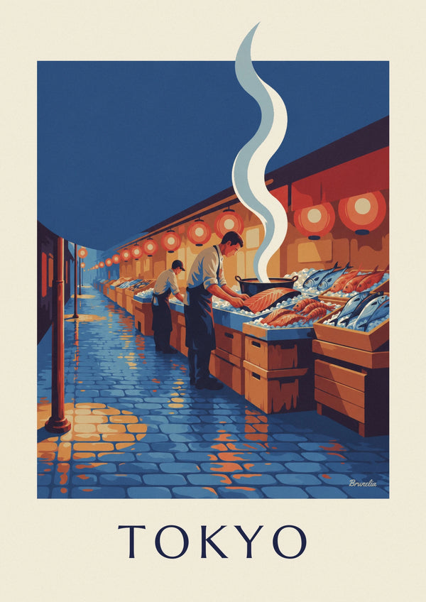 Poster Fischmarkt in Tokio unter Laternen