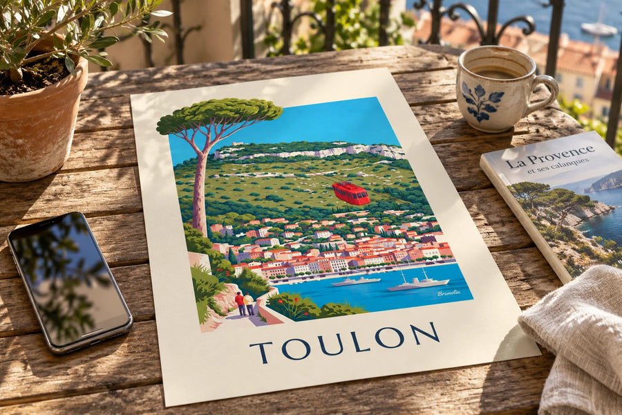 Affiche téléphérique du mont Faron au-dessus de Toulon : posée sur une table