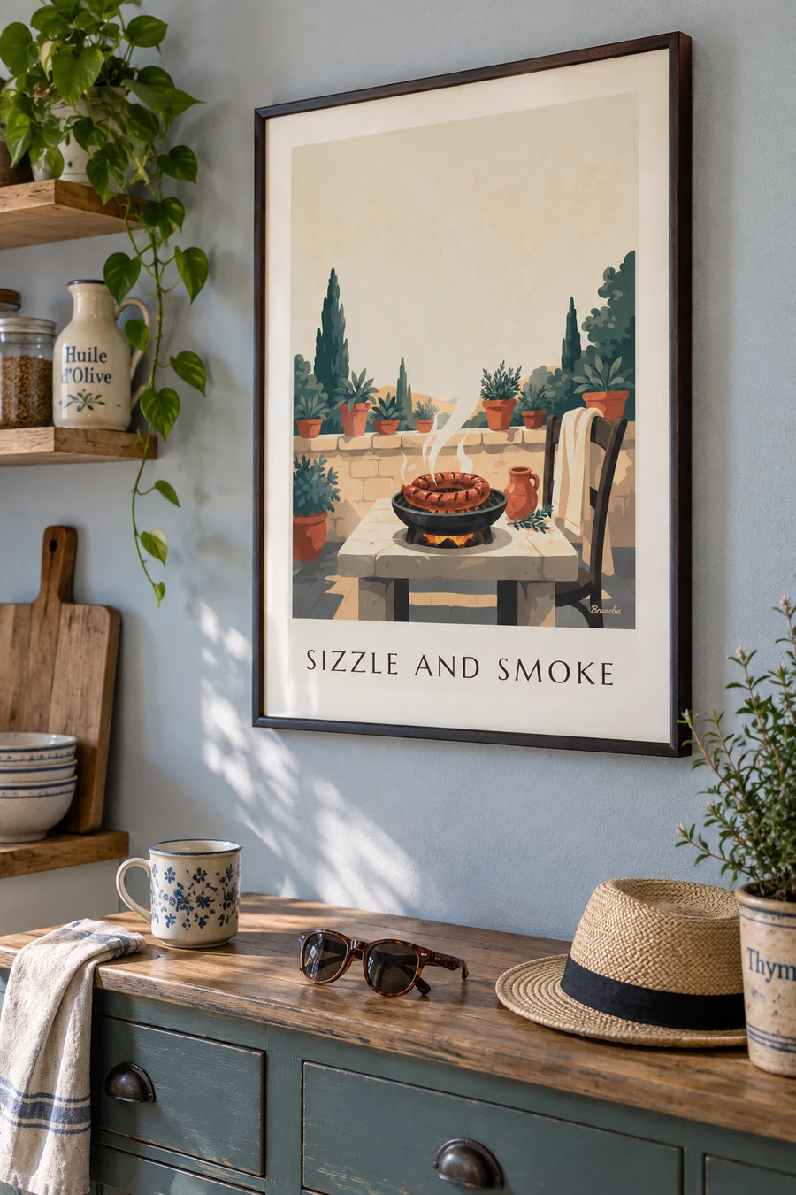 Poster Toulouser Wurst auf der Glut gegrillt, auf der Terrasse: gerahmt an der Wand