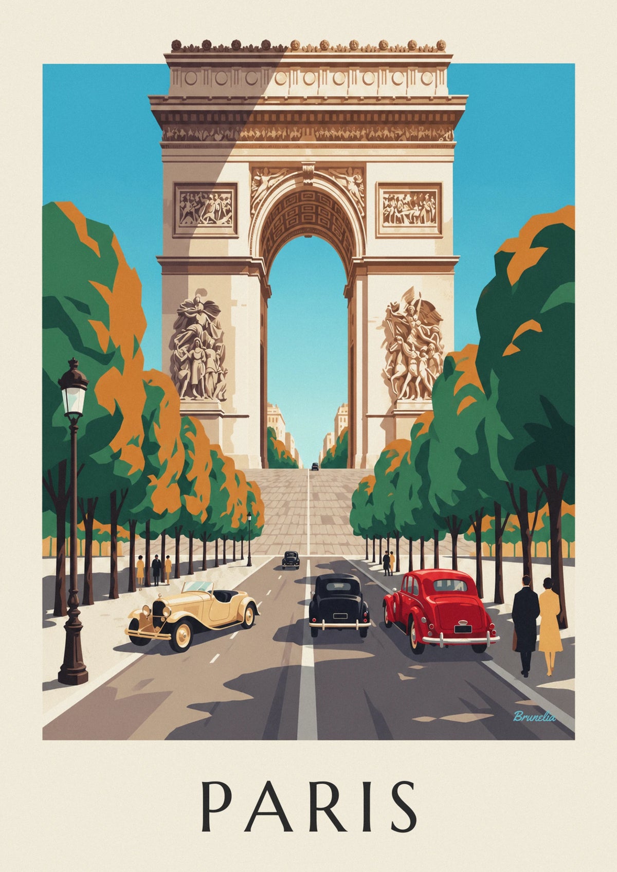 Affiche Paris, Arc de triomphe et voitures anciennes sur les Champs