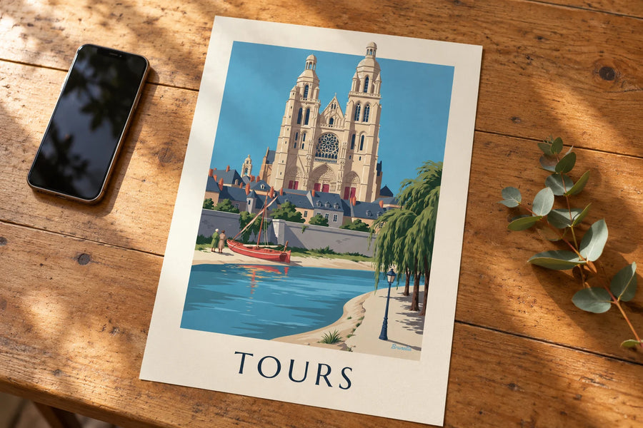 Poster Kathedrale von Tours und Loire-Ufer: auf einem Tisch aufgestellt