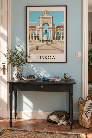 Poster Praça do Comércio und Rua-Augusta-Bogen in Lissabon: gerahmt an der Wand