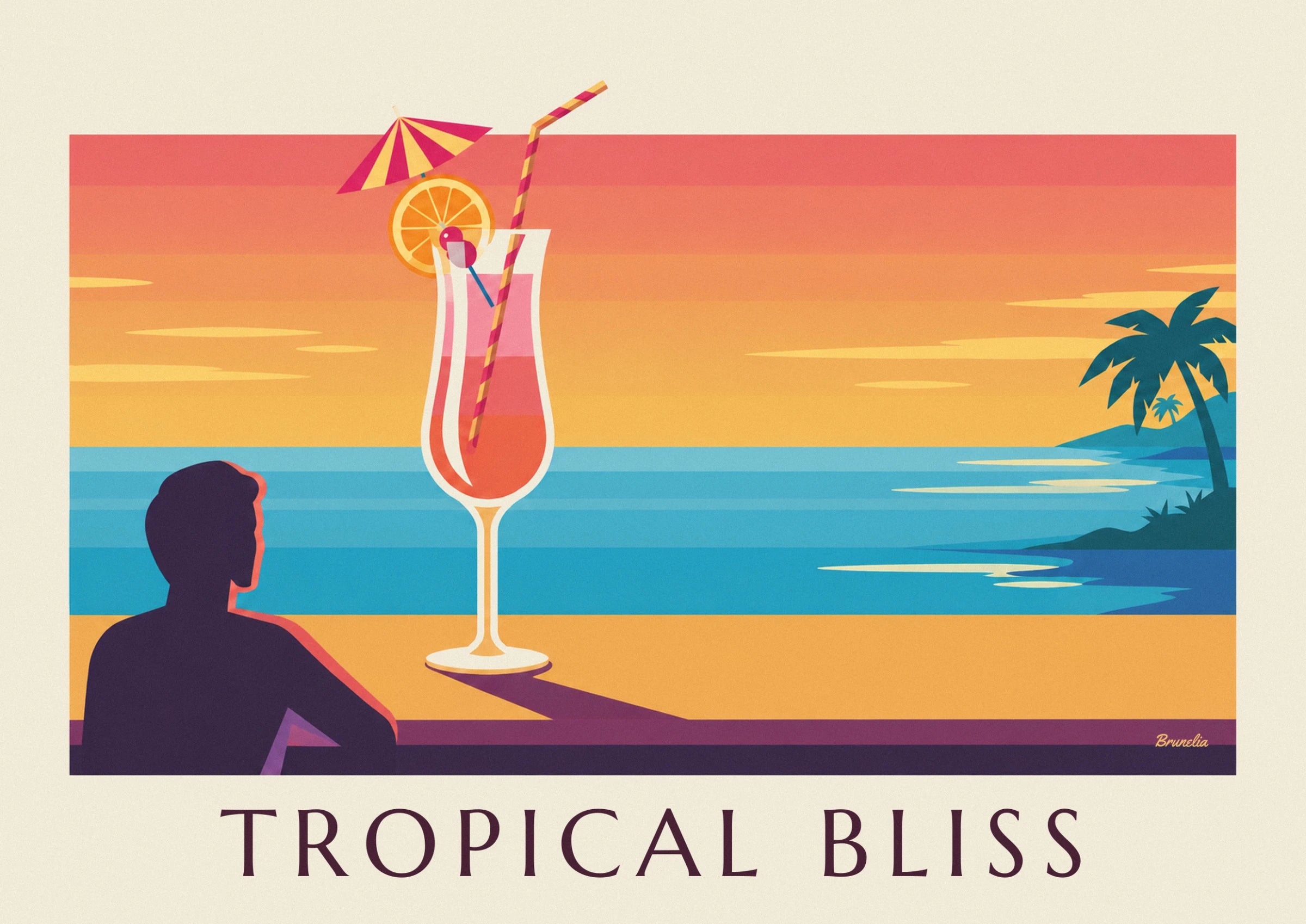 Ein rosaorangefarbener Cocktail mit Orangenscheibe und gestreiftem Strohhalm mit Blick aufs Meer
