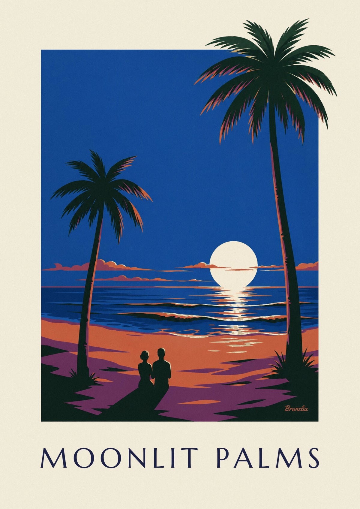 Poster Palmen unter Vollmond am Ozean