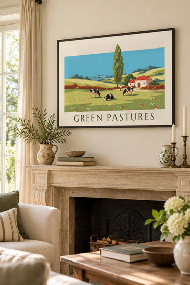 Affiche vaches en liberté dans la campagne vallonnée : encadrée au mur