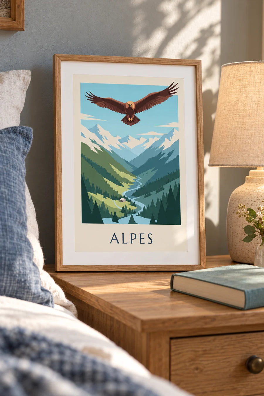 Affiche aigle royal au-dessus d'une vallée des Alpes : petit format A4 encadré