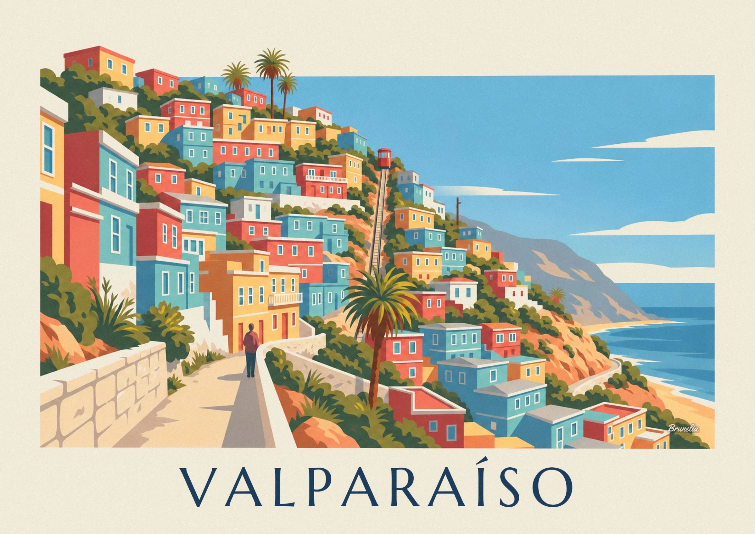 Le funiculaire rouge sur ses rails escarpés, entre les maisons colorées de Valparaíso