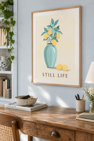 Poster Zitronenzweig in einer Keramikvase: gerahmt an der Wand