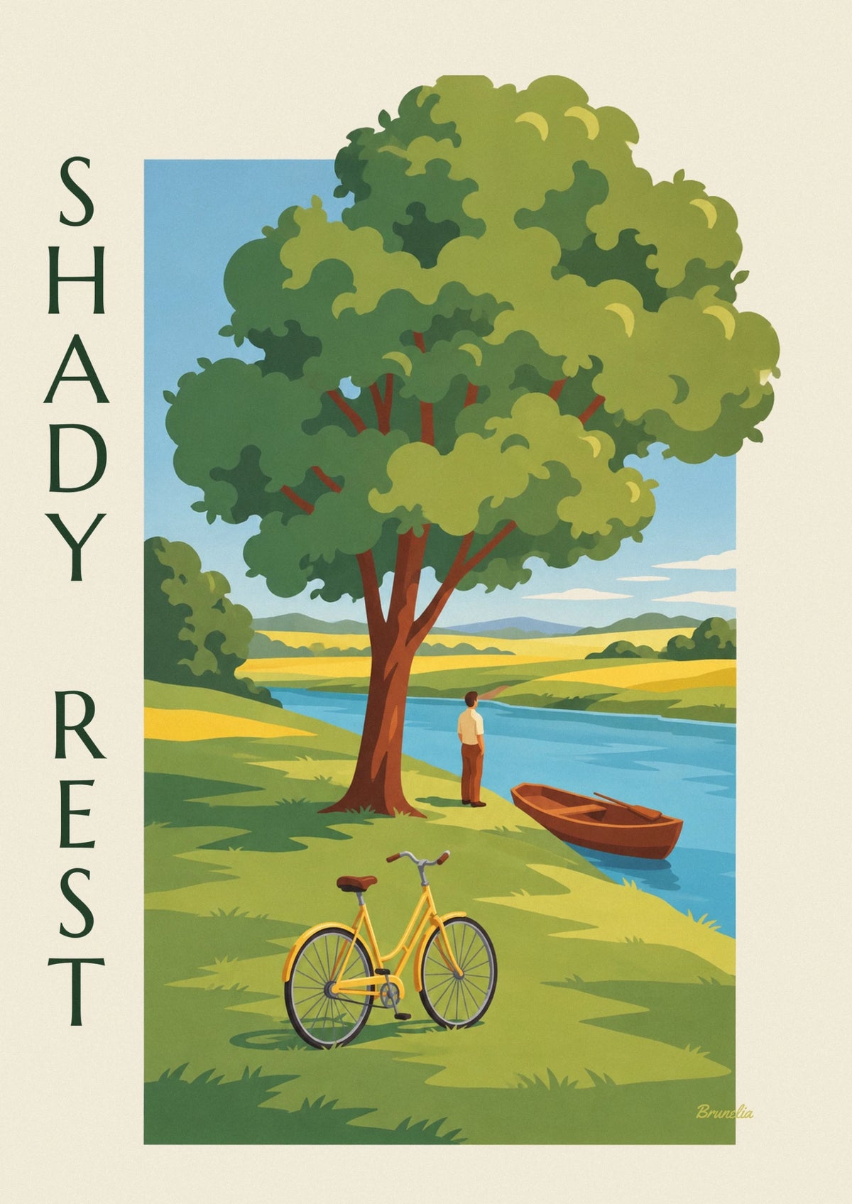 Affiche vélo à l'ombre d'un arbre au bord de la rivière