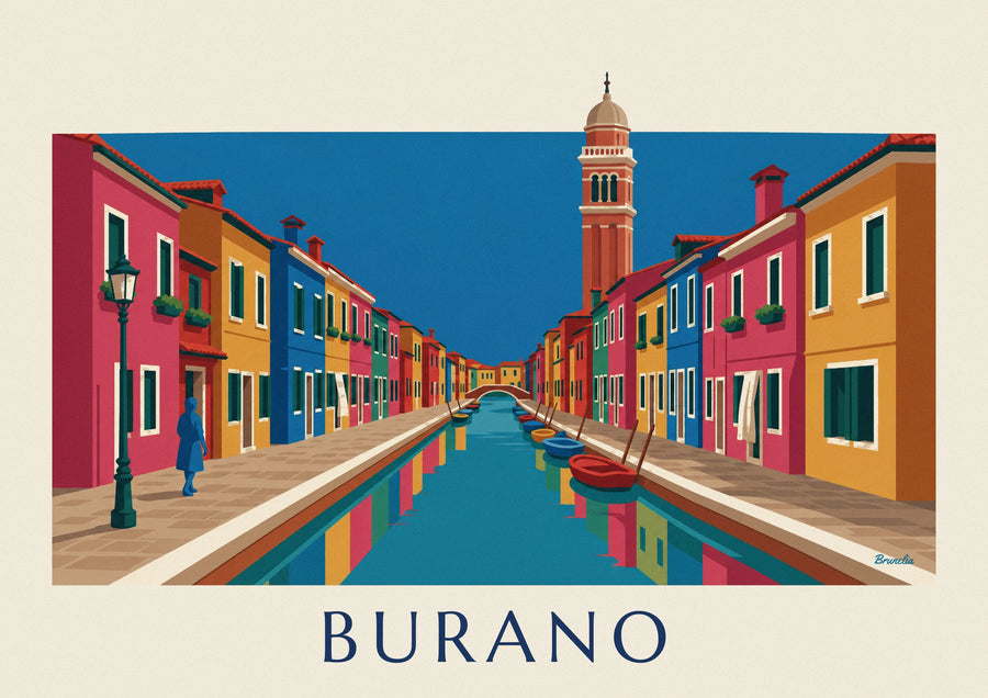 Poster Kanal und bunte Häuser von Burano, schiefer Campanile