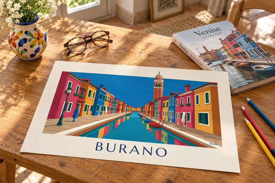 Poster Kanal und bunte Häuser von Burano, schiefer Glockenturm: auf einem Tisch