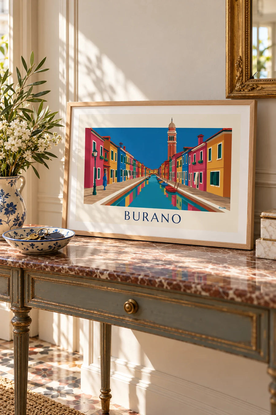 Poster Kanal und bunte Häuser von Burano mit schiefem Campanile: kleines Format A4 gerahmt