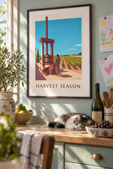 Affiche pressoir à raisin en bois au temps des vendanges : encadrée au mur