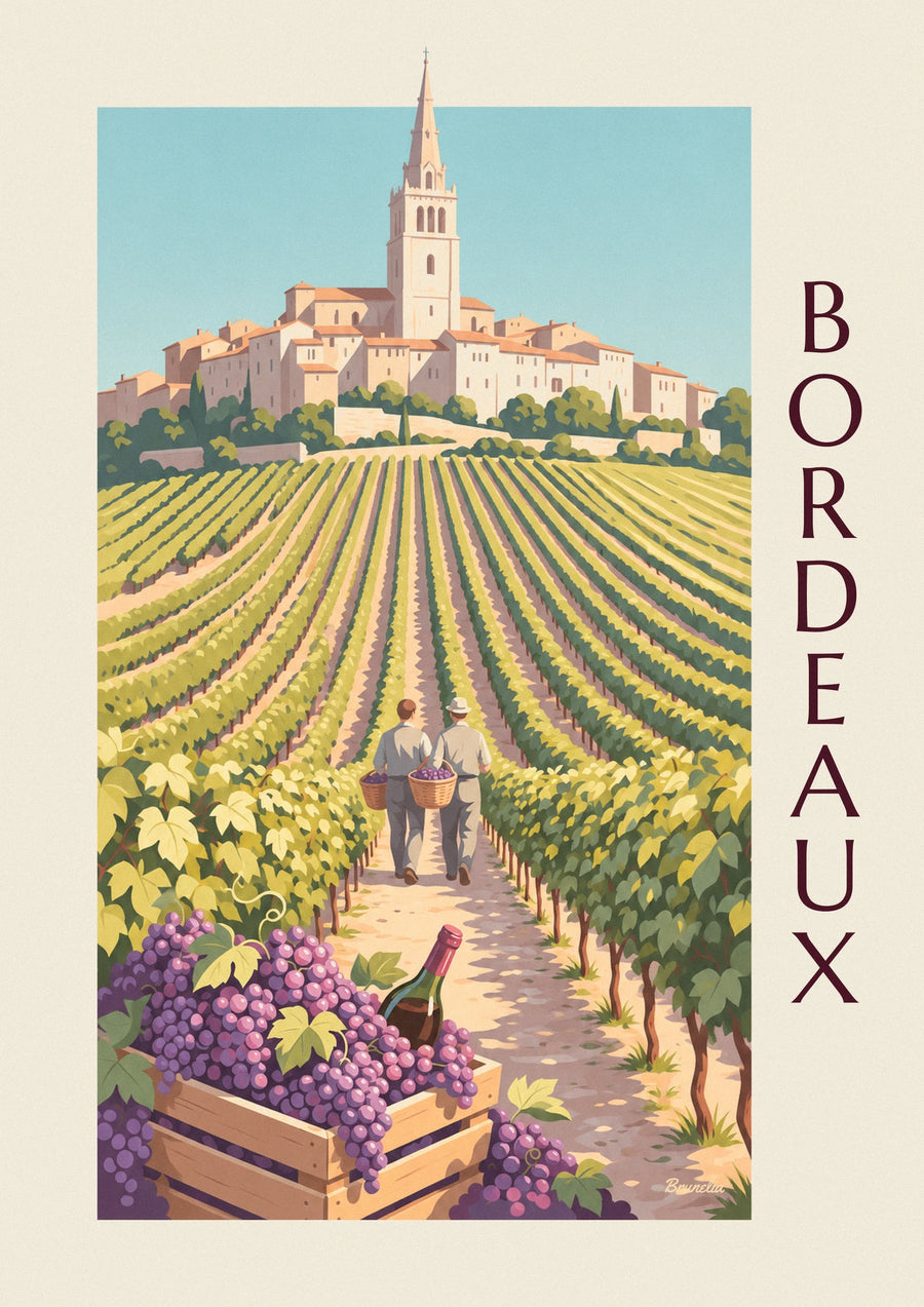 Poster Weinlese in Saint-Émilion, Traubenkiste und goldene Weinberge
