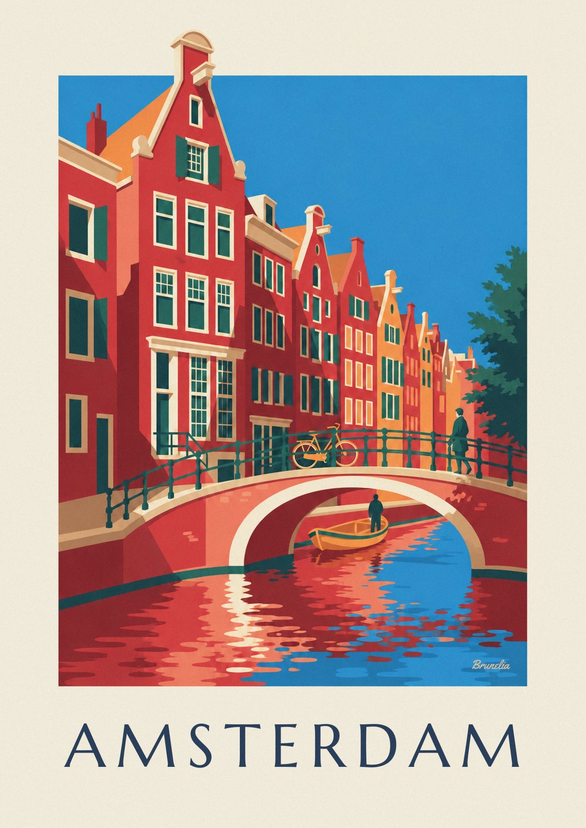 Poster Giebelhäuser und Fahrrad auf einer Brücke in Amsterdam