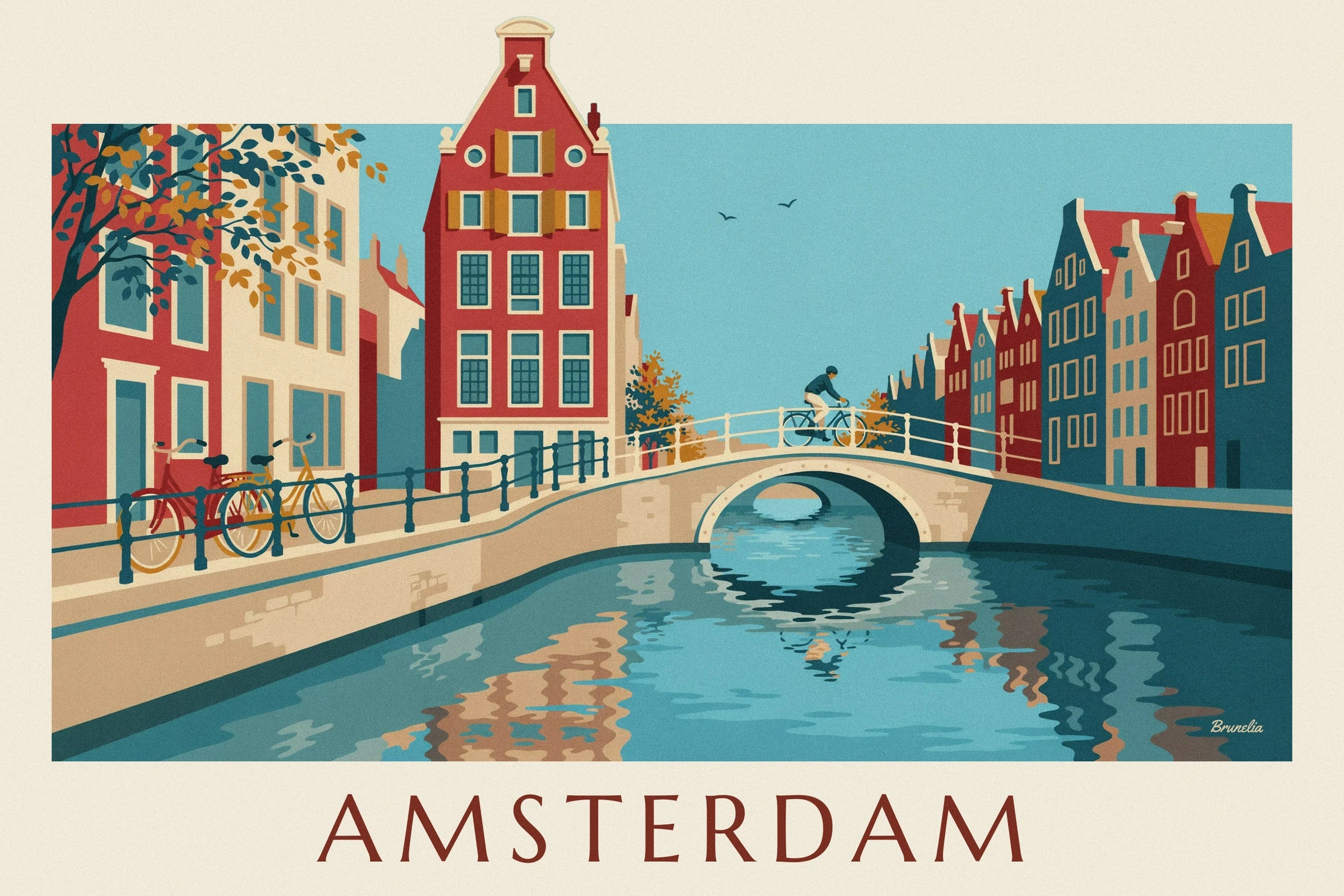 A tall red house with ochre shutters and a carved gable, behind the quayside railing