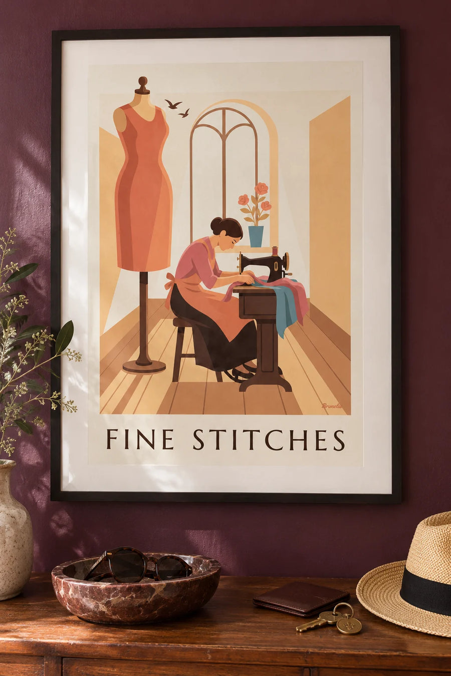 Poster of a seamstress at a treadle sewing machine with a dress form: framed on the wall
