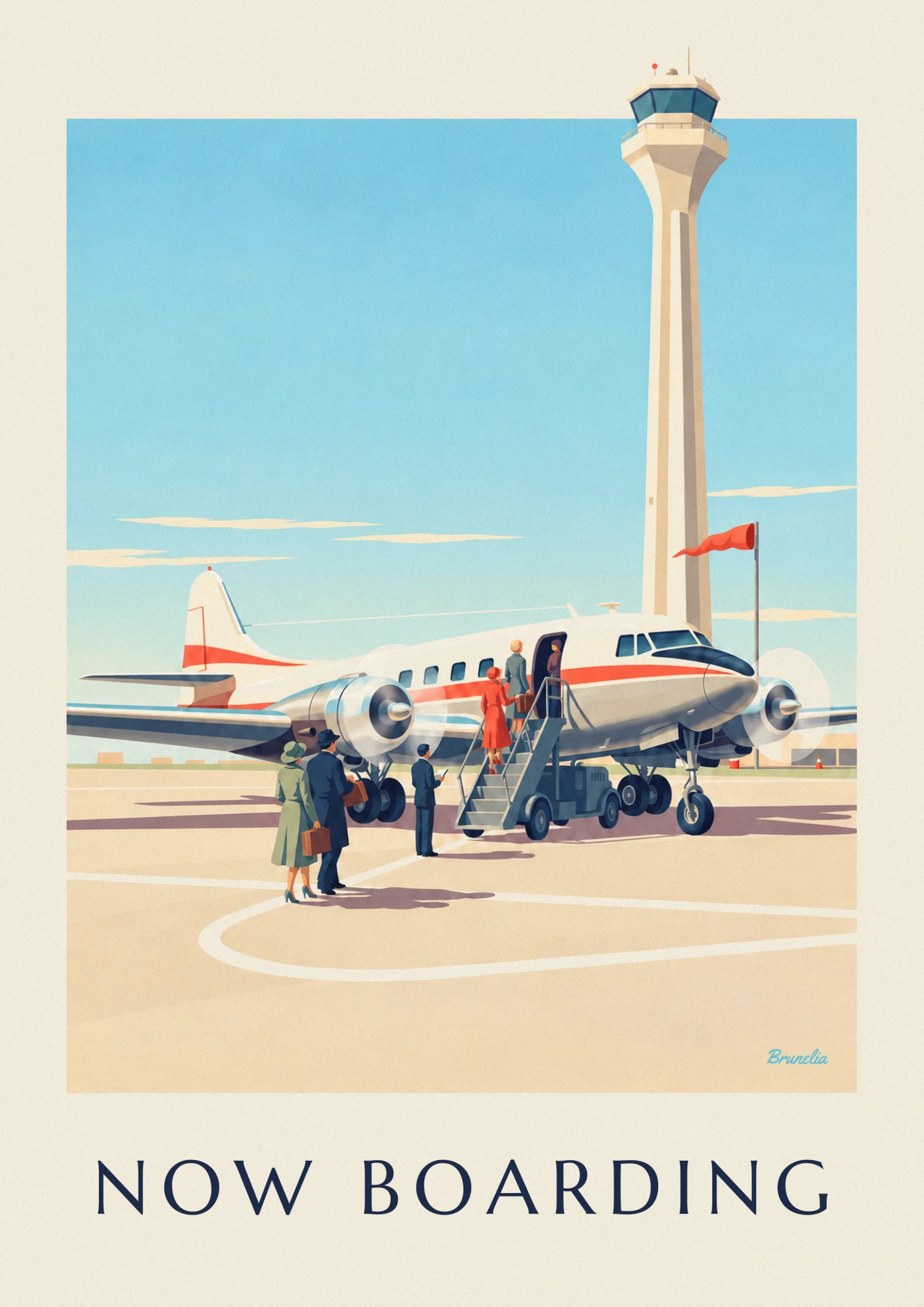 Passagiere in roten und grauen Mänteln steigen auf dem Rollfeld die Treppe zum Propellerflugzeug hinauf