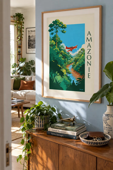 Poster Propellerflugzeug über dem Amazonas-Regenwald: gerahmt an der Wand