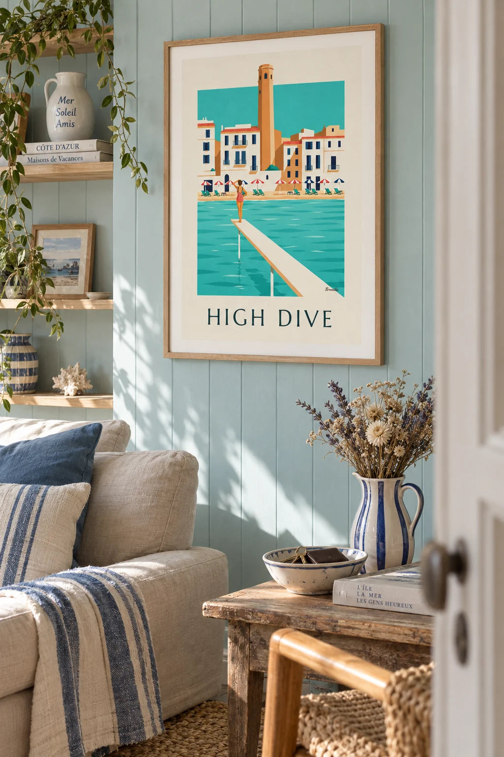 Swimmer on a wooden seaside diving board poster on the wall