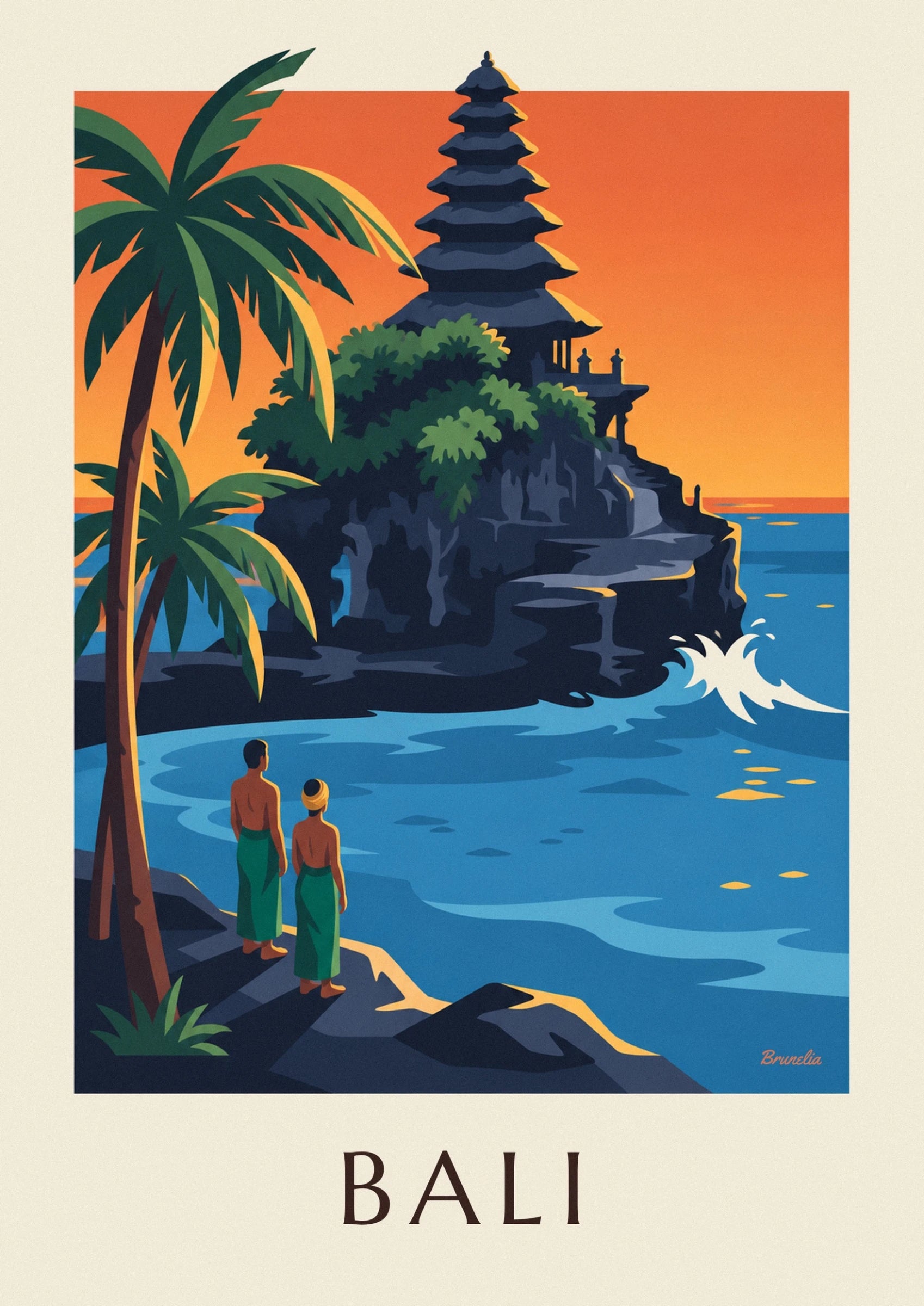 Der Tempel Tanah Lot mit seinen gestaffelten Dächern, zwischen grünem Laub und orangefarbenem Himmel