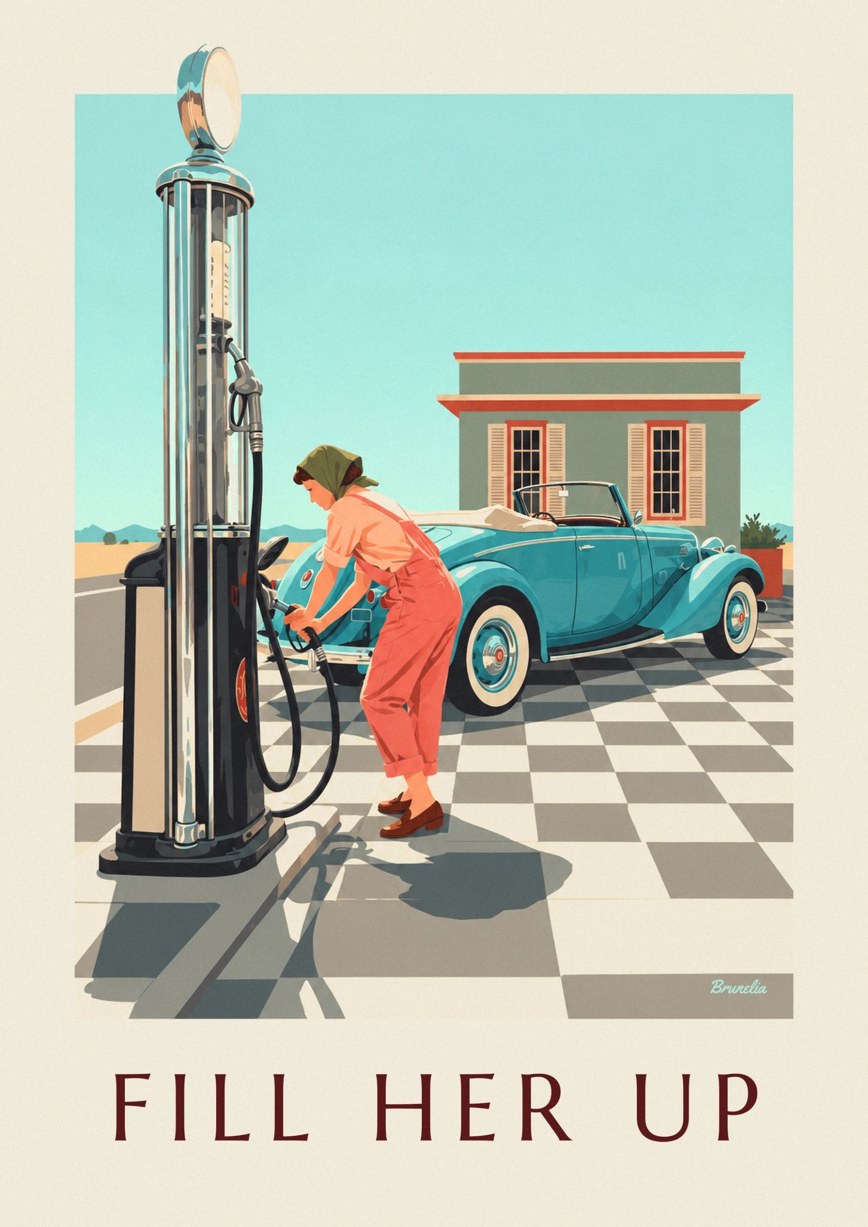 Die Pin-up mit grünem Kopftuch und korallenroter Latzhose beim Tanken am türkisfarbenen Cabrio