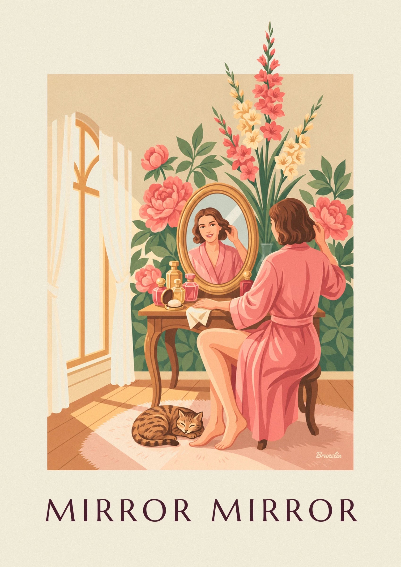 Le reflet d’une femme en peignoir rose dans un miroir doré, parmi les flacons