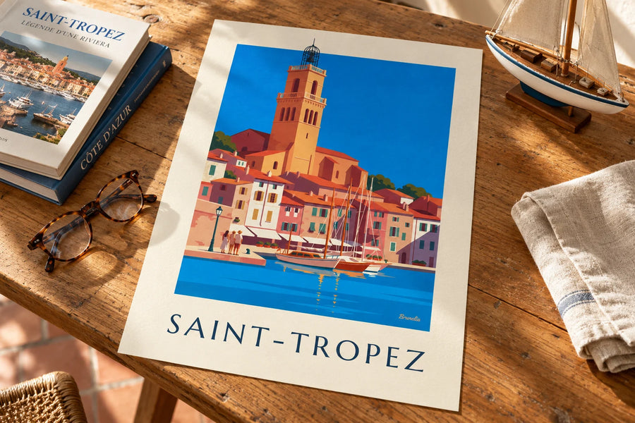 Affiche voiliers amarrés au vieux port de Saint-Tropez : posée sur une table