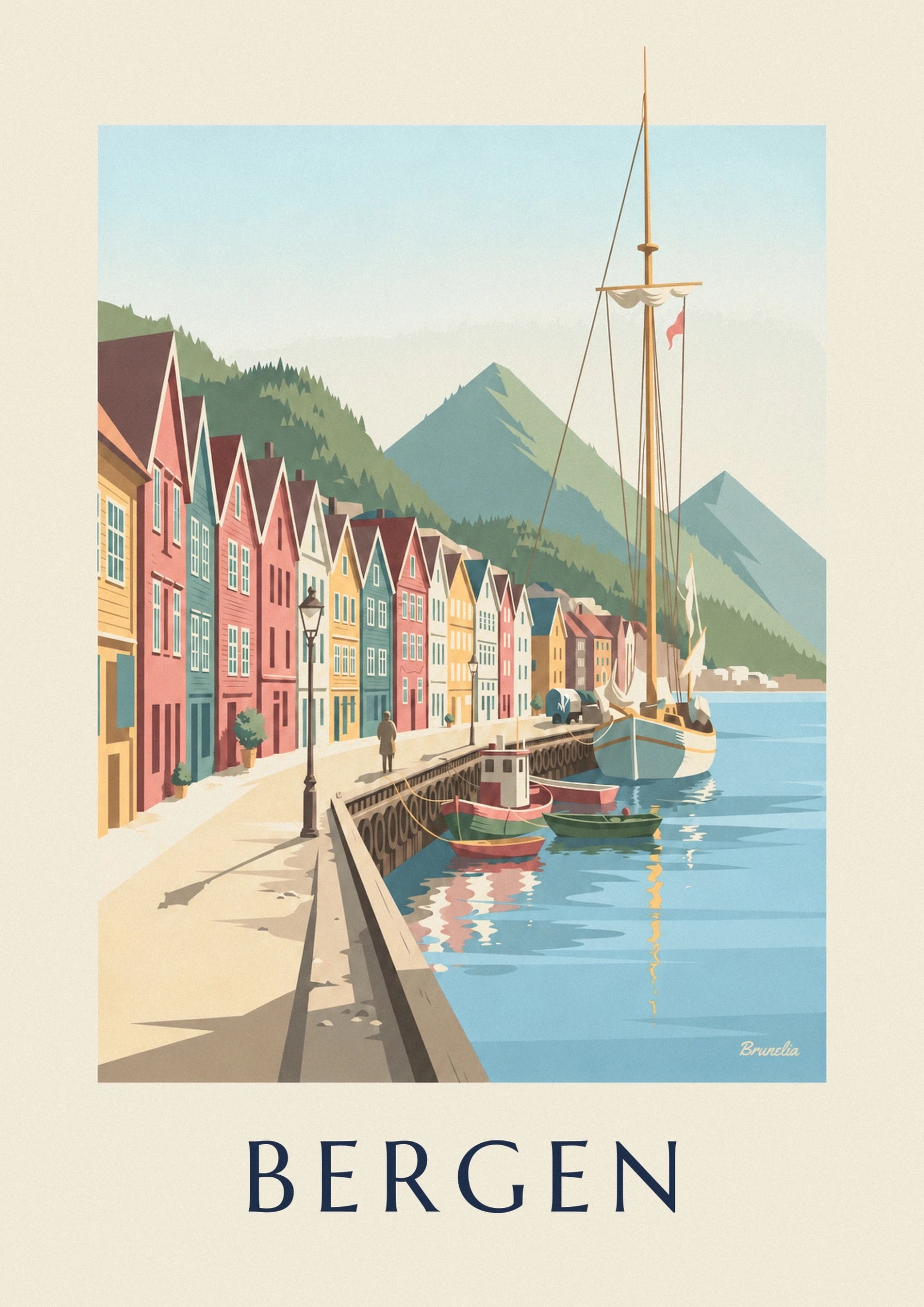 Die bunten Fassaden und spitzen Dächer von Bryggen mit einer Straßenlaterne am Kai