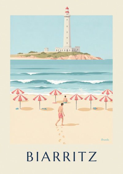 Poster gestreifte Sonnenschirme und Surfer am Grande Plage von Biarritz: das ganze Poster