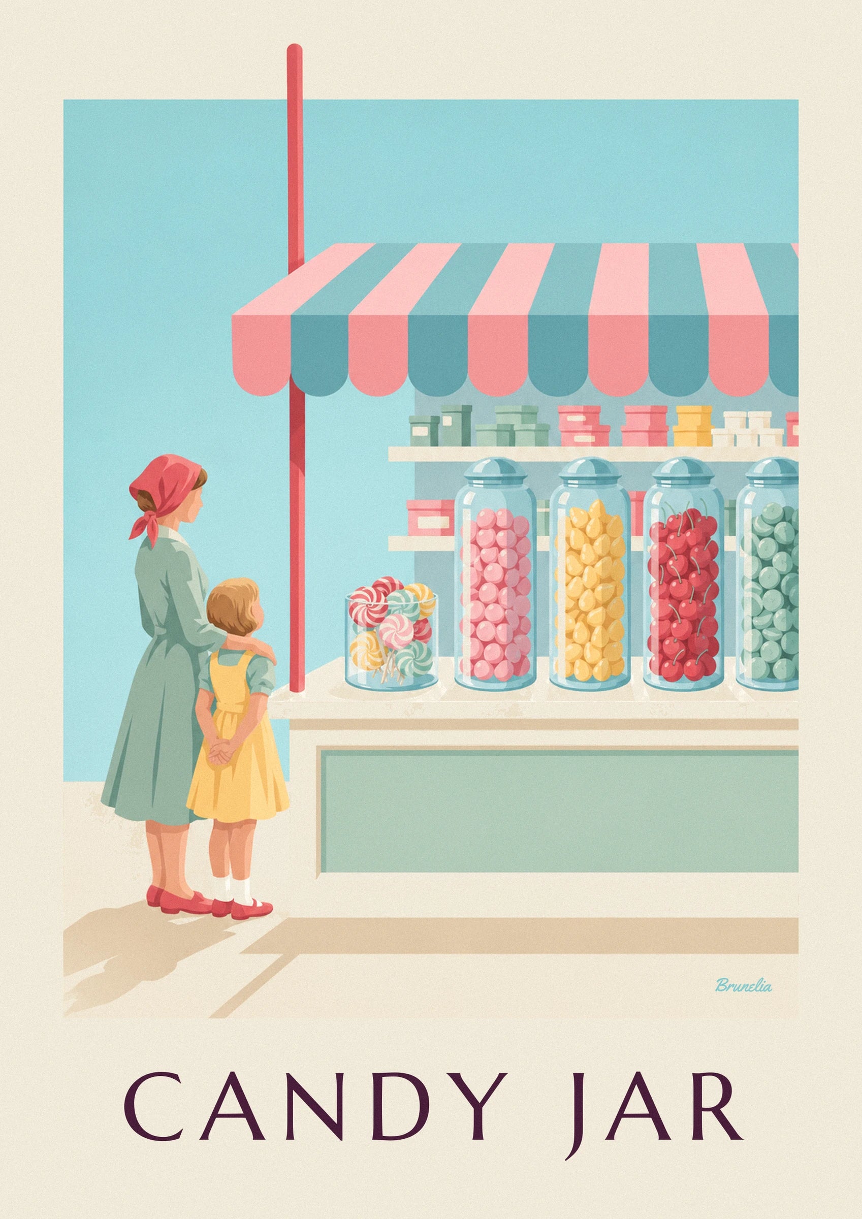 Affiche sucettes et bocaux de bonbons dans une confiserie : détail en gros plan
