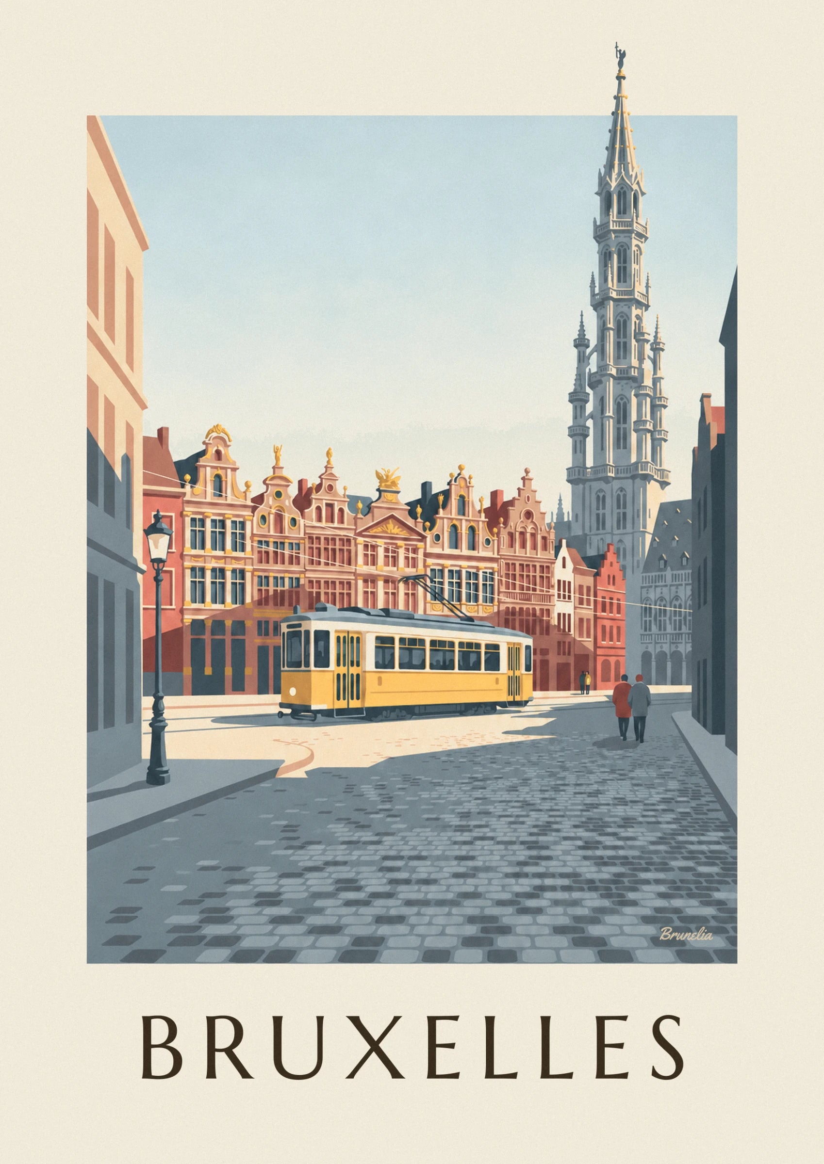 Die gelbe Straßenbahn auf dem Kopfsteinpflaster vor den goldenen Fassaden der Grand-Place