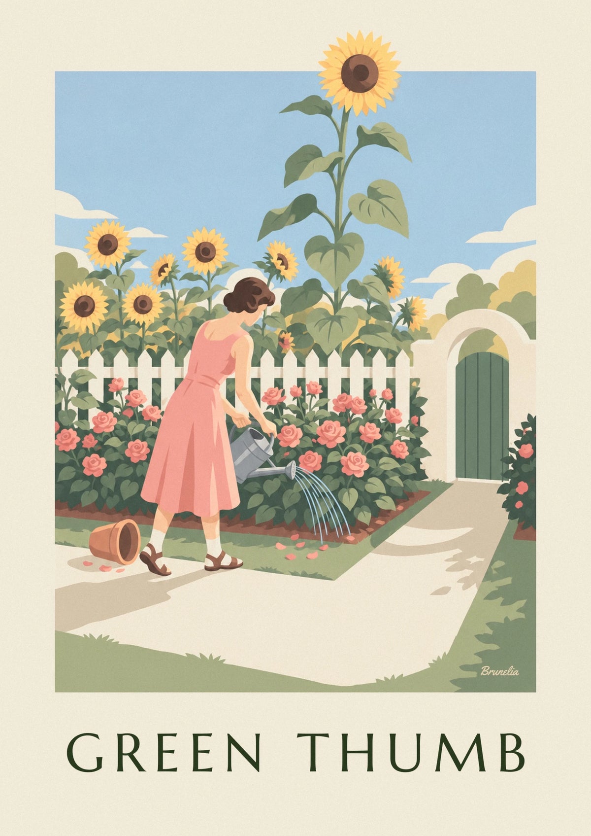 Poster Pin-up beim Gärtnern mit Gießkanne zwischen Blumen