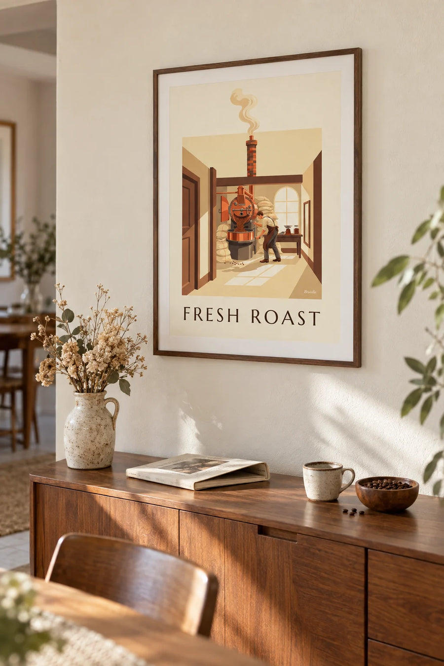 Poster Kaffeeröster und frisch geröstete Kaffeebohnen: gerahmt an der Wand