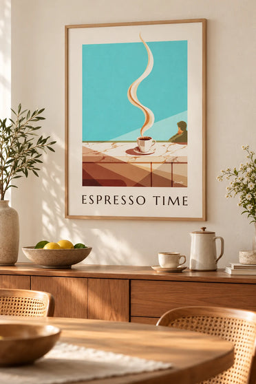 Affiche tasse d'espresso fumante sur un comptoir en marbre : encadrée au mur