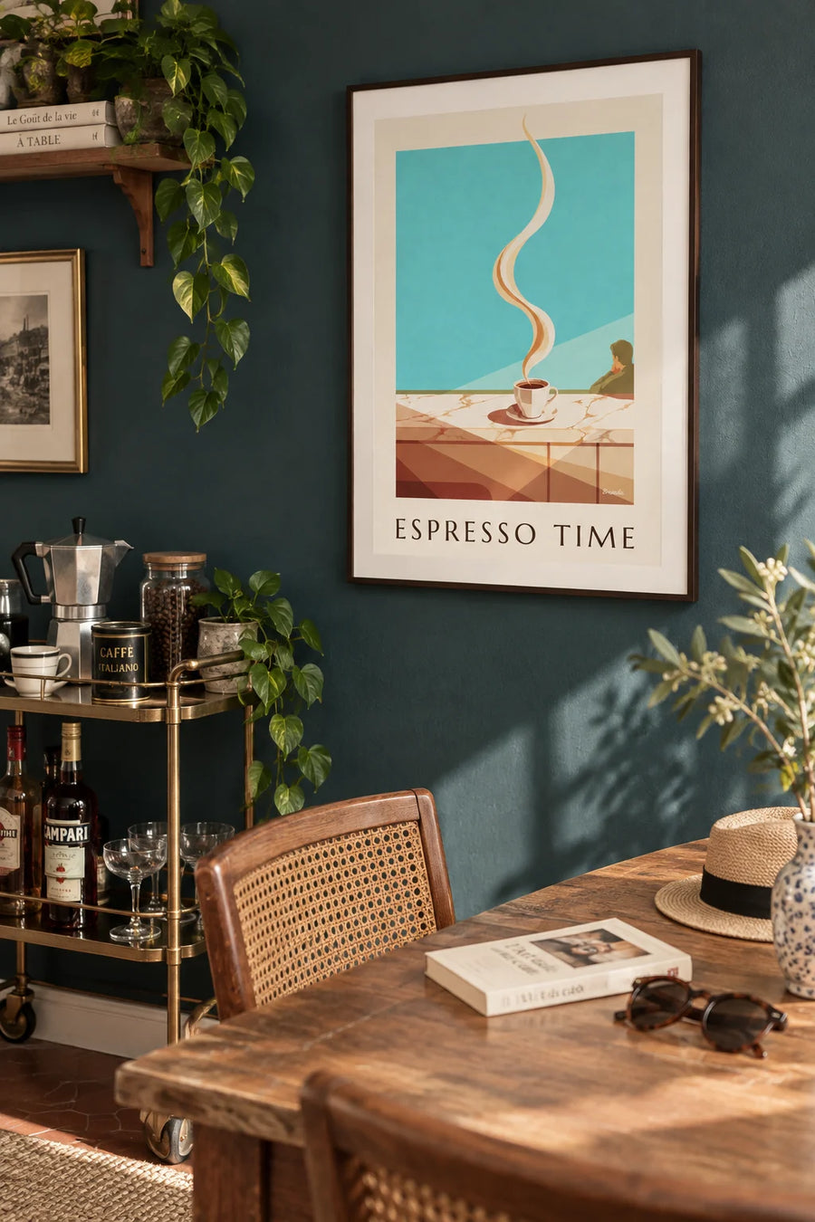 Affiche tasse d'espresso fumante sur un comptoir en marbre : encadrée au mur
