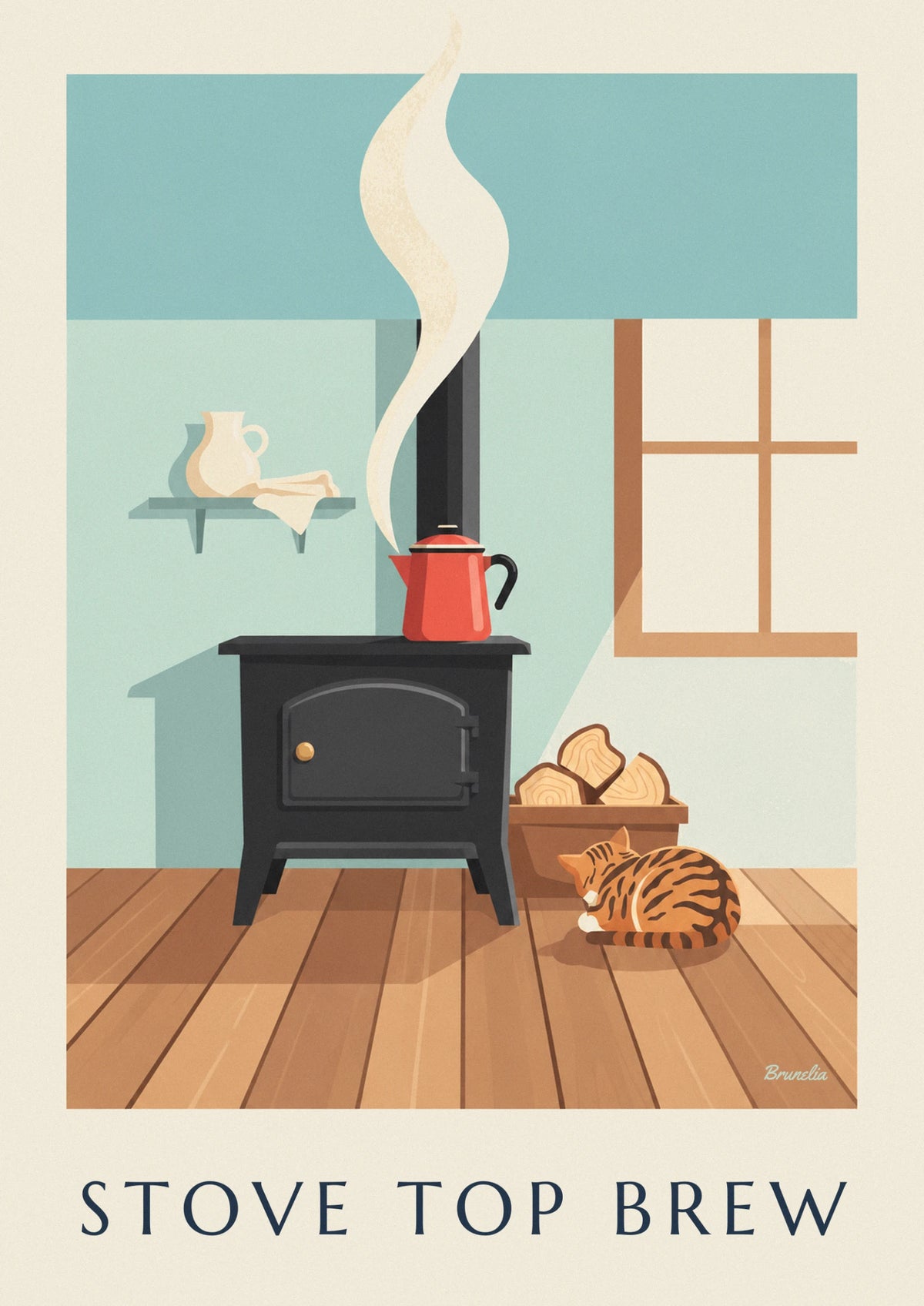 Enamel coffee pot on a kitchen wood stove poster