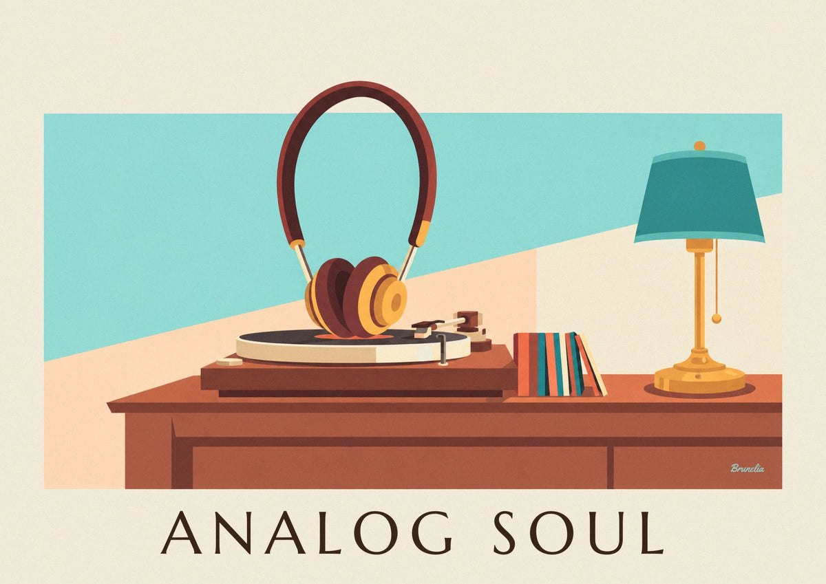 Headphones on a turntable with records poster