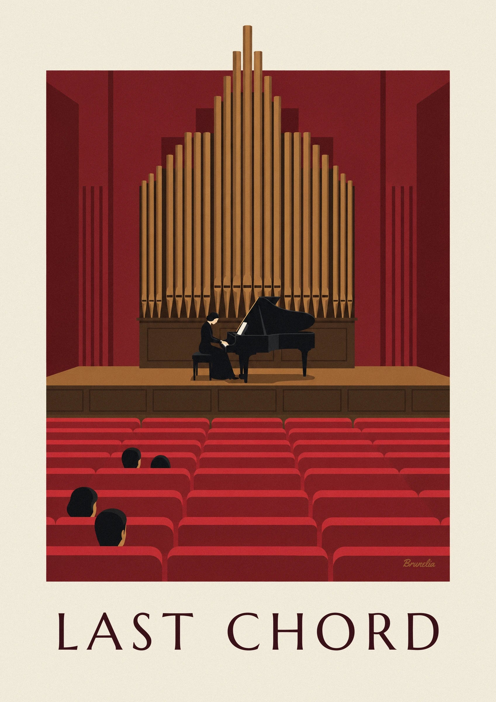 La pianiste en robe noire devant son piano à queue, sur la scène boisée