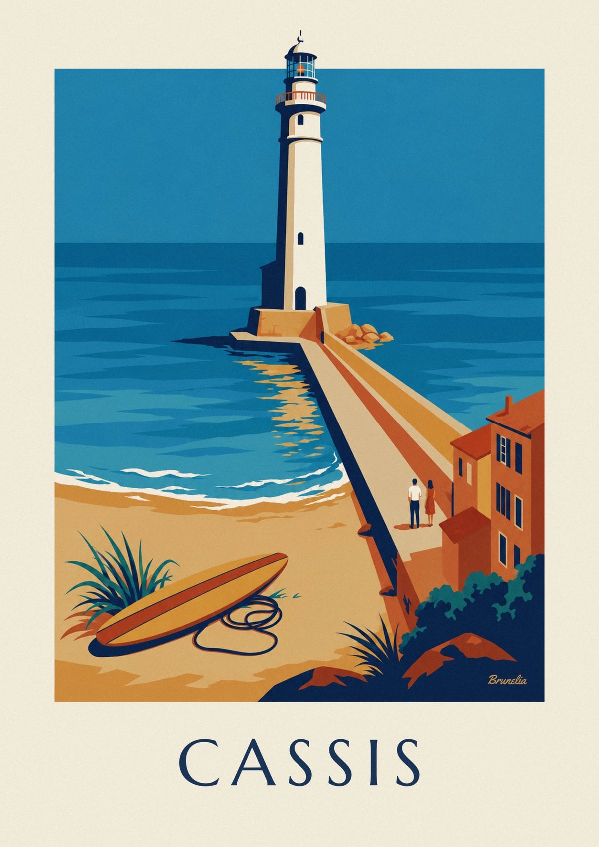 Cassis pier lighthouse and surfboard poster