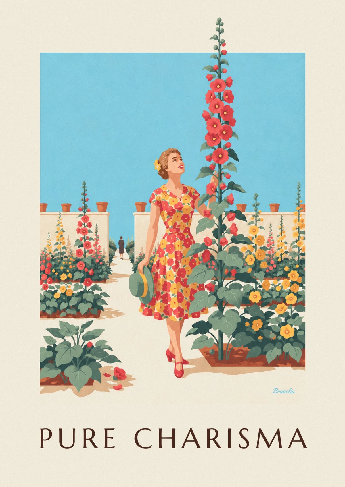 Poster Frau im Blumenkleid in einem sonnigen Garten