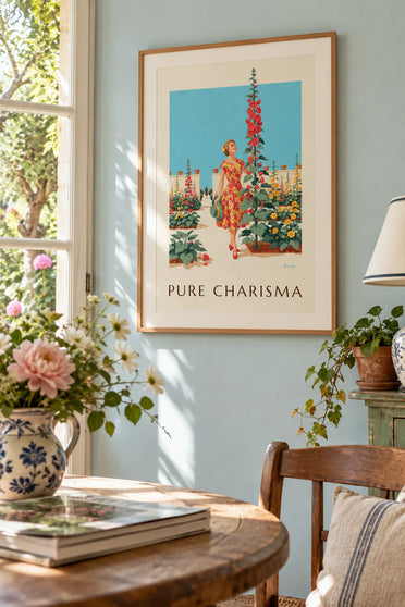 Poster Frau im Blumenkleid in einem sonnigen Garten: gerahmt an der Wand