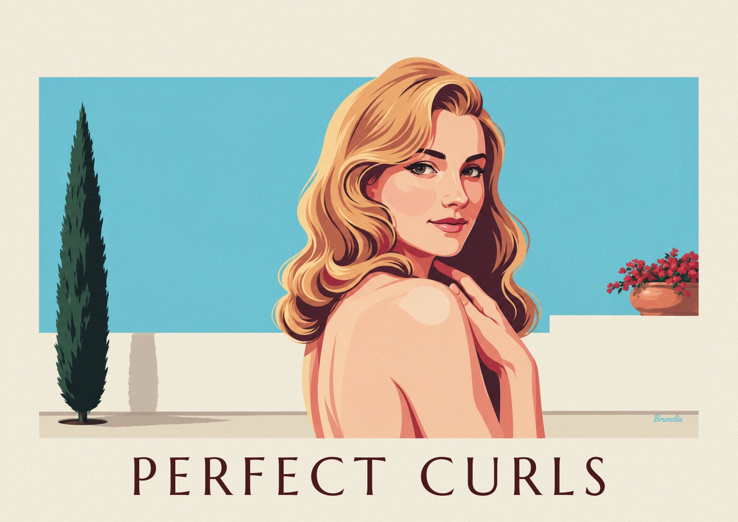 Die blonde Pin-up mit langen Wellen, die mit der Hand auf der Schulter zur Seite blickt