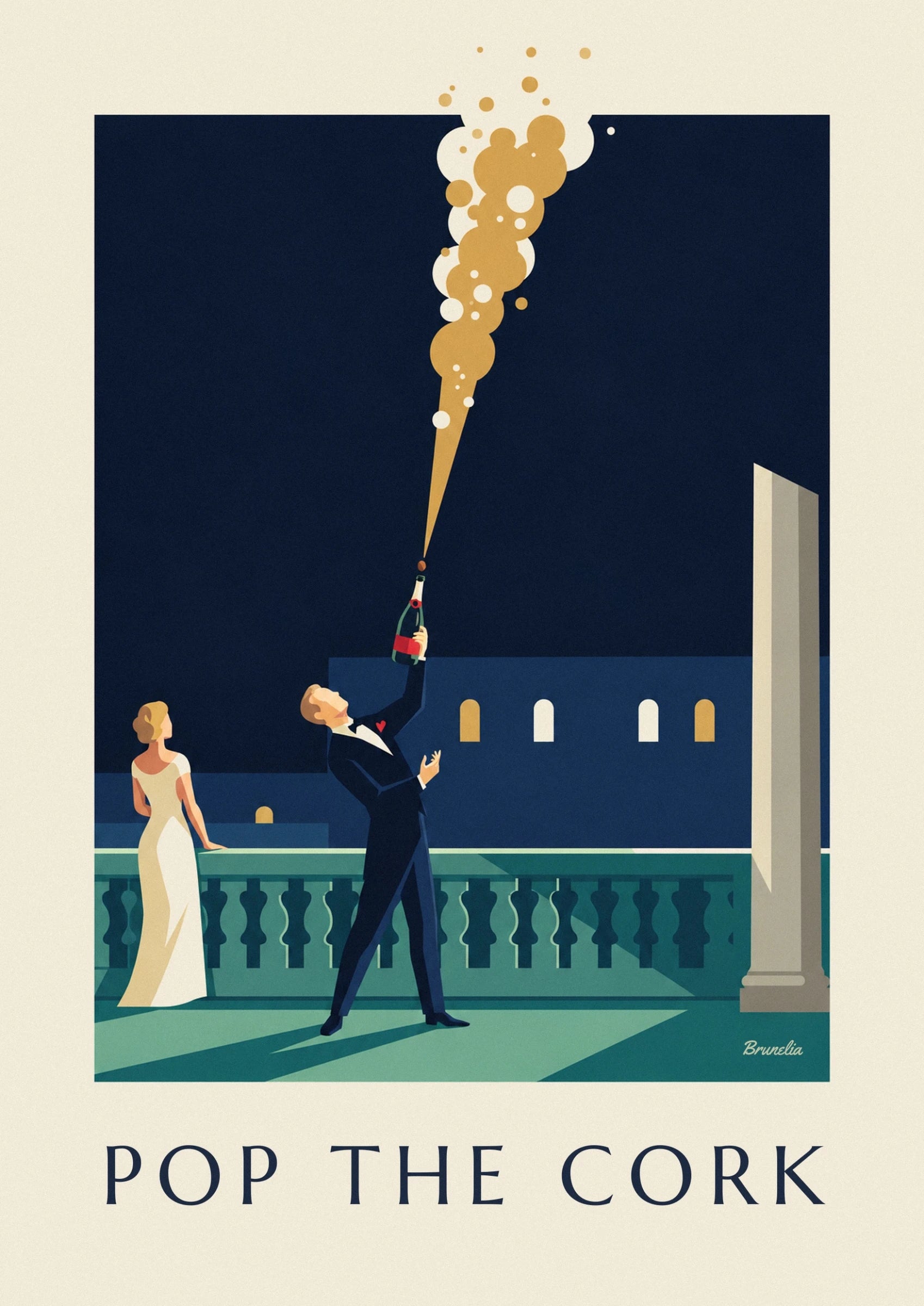 Poster Mann im Smoking beim Öffnen einer Champagnerflasche: Detail in Nahaufnahme