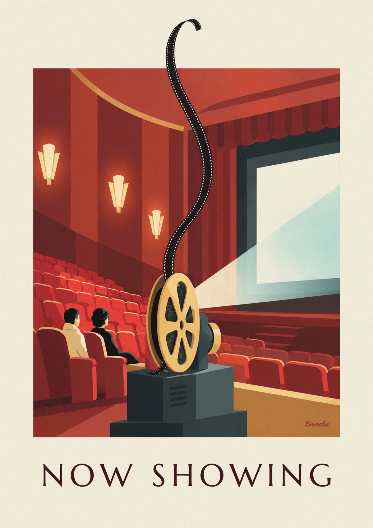 Poster Filmrolle und Projektor in einem Kinosaal