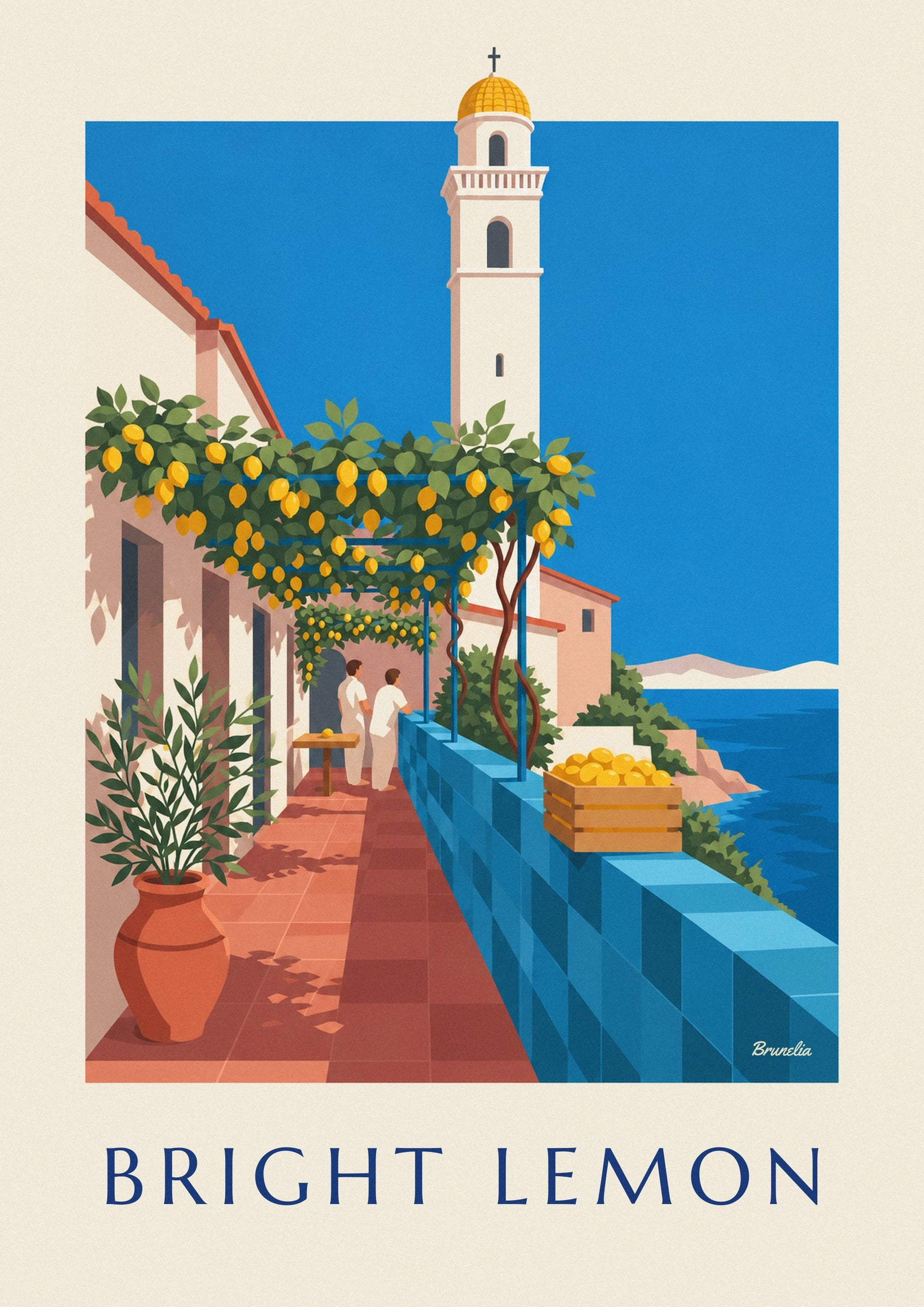 The white bell tower with a yellow dome topped by a cross in front of the blue sea