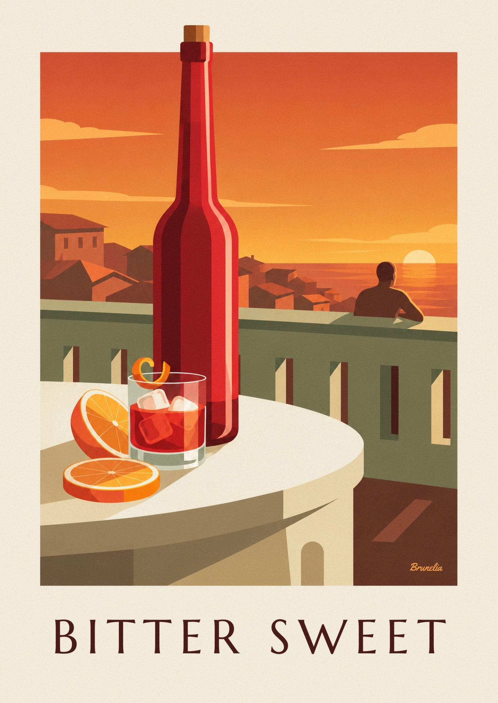 Ein roter Negroni mit durchscheinenden Eiswürfeln, einer Orangenzeste und Orangenscheiben