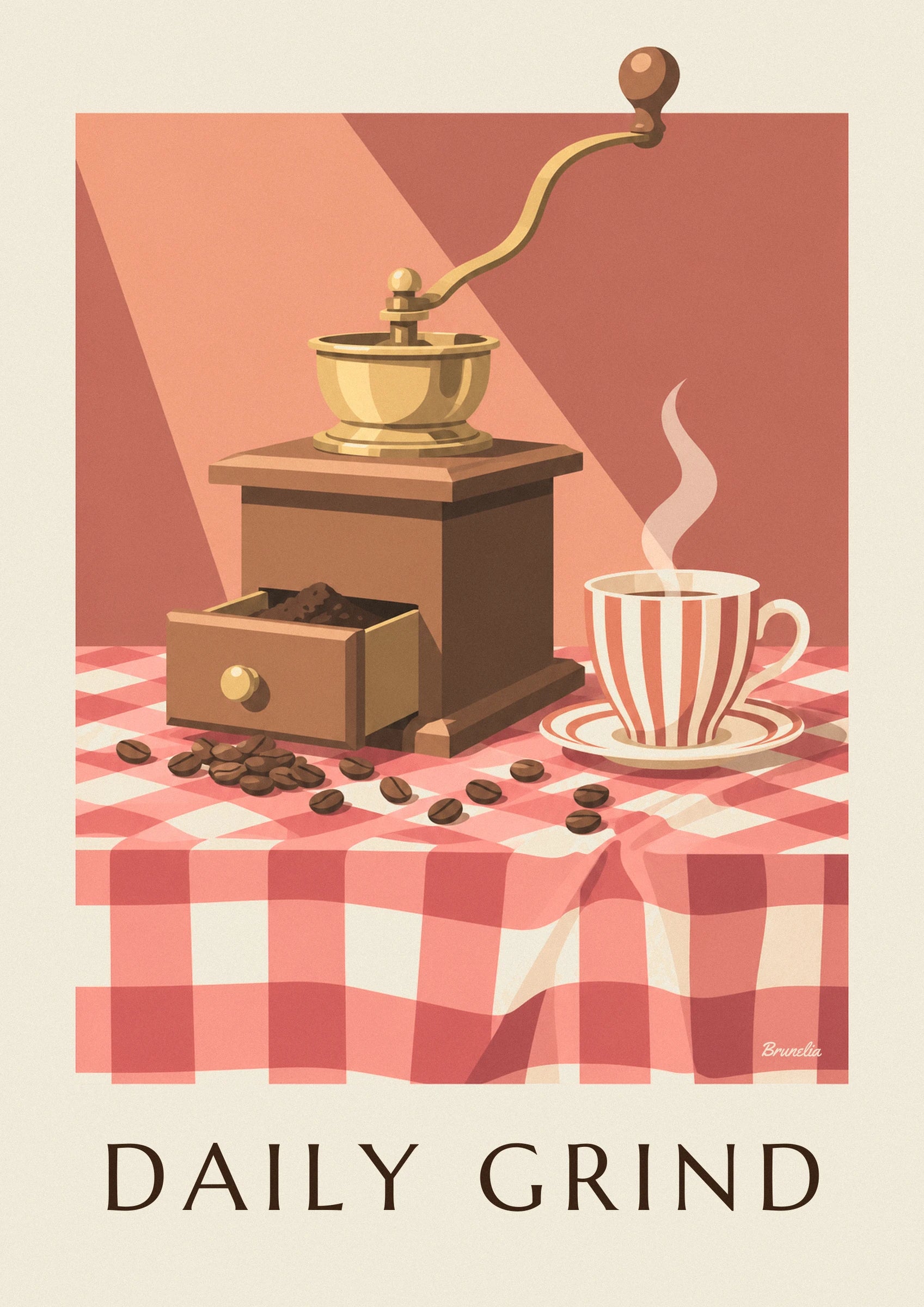 Die hölzerne Kaffeemühle mit goldener Messingschale und offener Schublade voller gemahlenem Kaffee